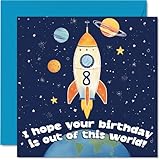 Divertida tarjeta de cumpleaños número 8 – Blast off into Birthday Fun – Cohete caprichoso volando a través de una escena espacial colorida – cuadrado de 145 mm, sobre incluido