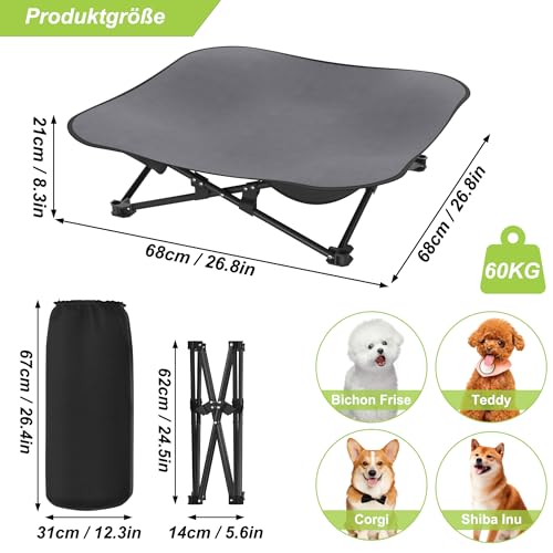 UISEBRT Erhöhtes Hundebett Hundeliege Outdoor Haustierbett Haustierliege, atmungsaktives Bett 68 x 68 x 21 cm für Reisen Garten Outdoor Indoor für kleine und mittelgroße Hunde