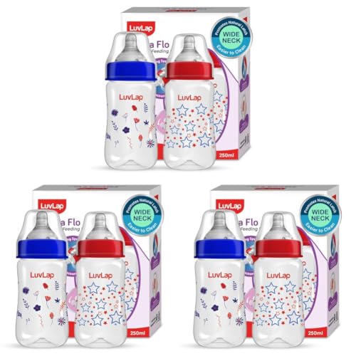Image of LuvLap Anti-Colic Wide Neck Natura Flo Baby Plastic Feeding Bottle, 250Ml (Pack of 6), New Born /Infants /Toddler Upto 3 Years, Stars, BPA Free