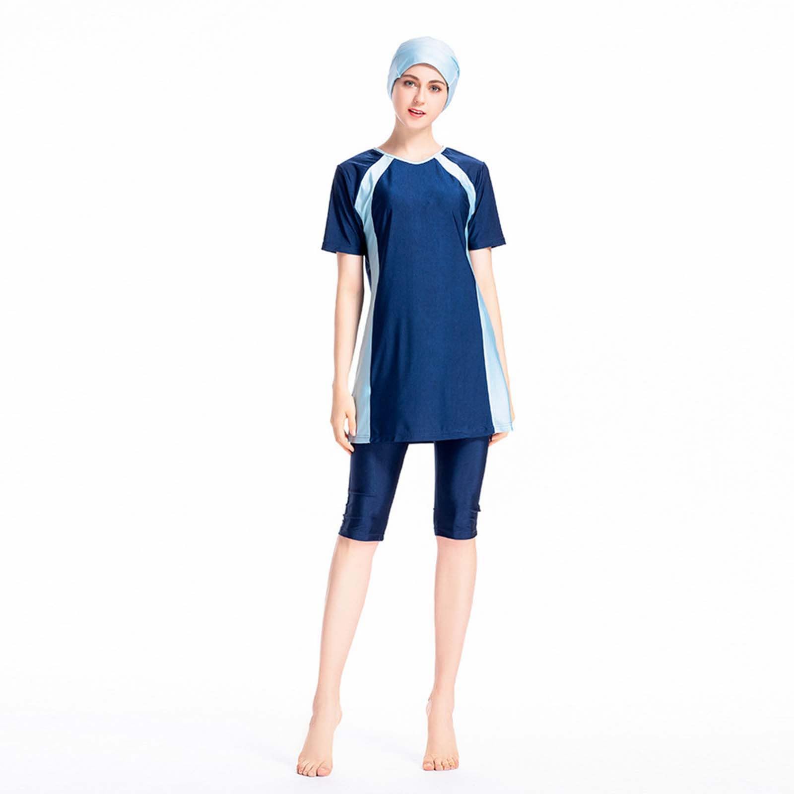 Burkini Costume da bagno da donna musulmano con cappuccio tinta unita Beachwear Costume da bagno Burkini manica corta top e pantaloni islamici 2 pezzi modesti costumi da bagno Beachwear con