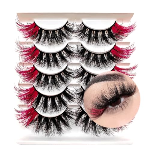 Pestañas postizas 3D de ojo de gato con color, pestañas postizas de colores, pestañas de ojos de gato dramáticas para Navidad, cosplay, disfraces, días festivos (rojo 5P)