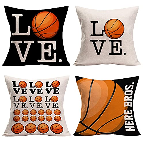 MEHOTOP Love Basketball Design Throw Pillow Cover Popular Sports Cotton Linen Set of 4 Cushion Case Boy King Men Room Decorative 18”x18” Black Background Orange