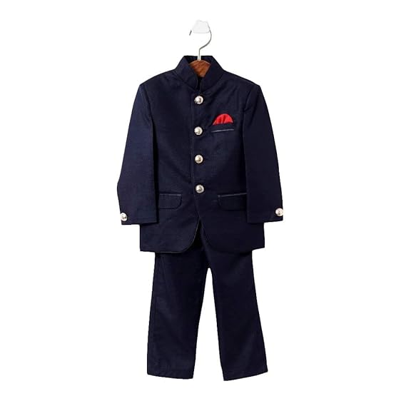 Hopscotch Jeet Ethnic Baby Boys Silk Blend Jodhpuri Style Coat with Pant Set in Navy Color