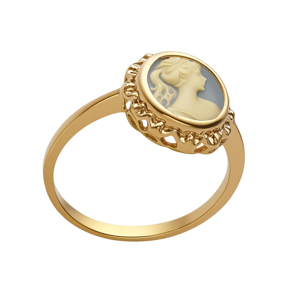 Bague Camée Femme Vintage Plaqué OR 18 Carats – Bijou Rétro Cameo Profil Grec/Romain Bleu – Bague Statement Hypoallergénique – Cadeau Anniversaire