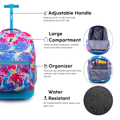 Image of J World Sunrise Kids Rolling Backpack with Wheels for Girls Boys, Roller Bookbag for School, 18 x 13 x 9 Inches, Tie Dye