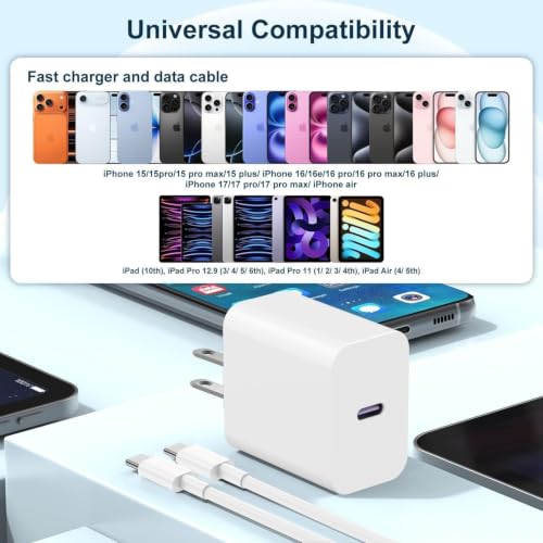 Image of 40W USB C iPhone 17 16 15 Fast Charger Block and 2x10ft Type C to C Cable Cord Long,Wall Charging Plug Adapter Cube Brick for Apple iPhone 17 Pro Max /17 Air /16 Pro Max /16 /15 Pro /15 Plus /iPadMini
