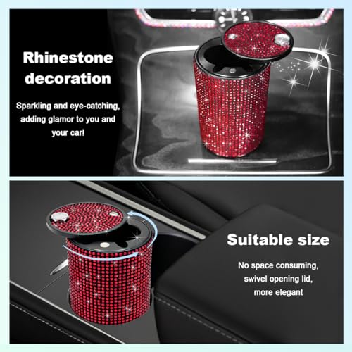 Image of Car Cigarette Ashtray with Lid, Stainless Steel Bling Crystal Diamond Smokeless Fireproof Vehicle Ashtray Holder, Portable Sparkling Ashtray Cup Holder for Car Home Office (Red)