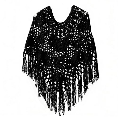 Genérico Poncho Y Capa De Punto Y Ganchillo Para Mujer Diseño Floral Con Flecos, Estilo Boho Y Casual Cubrebaños Chal Envolvente(Negro)