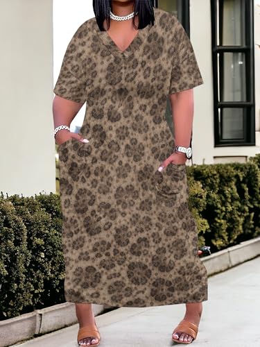 Image of SUZONANA Plus Size Denim Print Maxi Dresses for Women Casual V Neck Short Sleeve with Pockets Soft Jean Look Dress XL-6XL