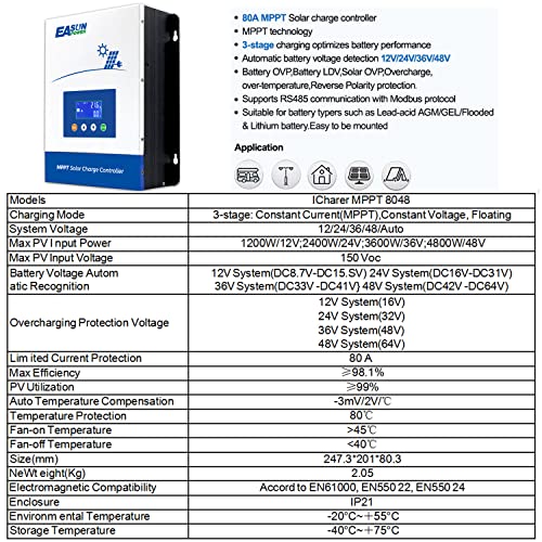Image of POWLAND 80A MPPT Solar Charge Controller,12V /24V /36V /48V Auto,Max Input 150V LCD Display Regulator Intelligent Charge Controller for Sealed Gel AGM Flooded Lithium Battery