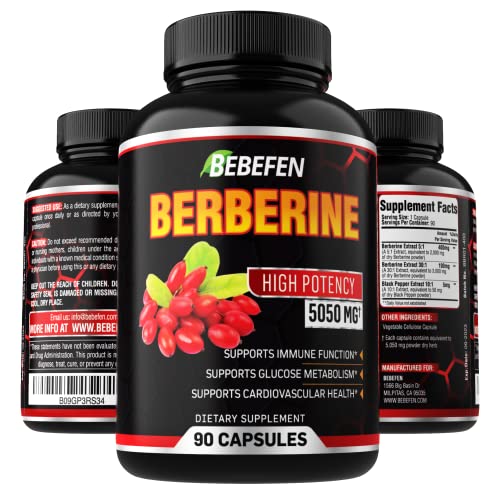 Berberine Capsules - 5050mg Formula Pills with Black Pepper Extract - 90 Capsules Berberine Supplement for Supports Glucose Metabolism, Healthy Immune System, Cardiovascular Heart - 3 Month Supply