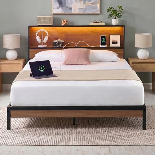 Zinus Kai Platform Bed Frame Two-Tier Headboard for Space-Saving Storage Mood Setting RGB LED Lights Built-in USB Charging Station Soft Ambient Night Light No Box Spring Needed Full