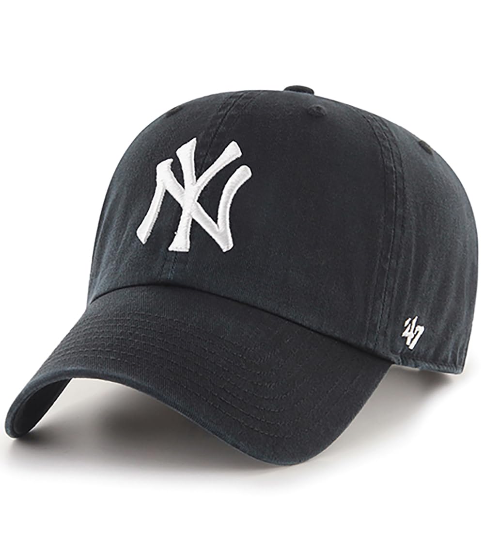 47 Brand MLB Black White Primary Logo Clean Up Adjustable Baseball Cap Hat, Adult One Size Fits All - New York Yankees Black White