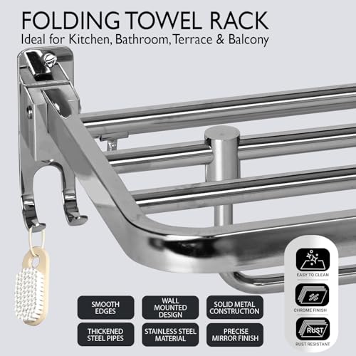 Image of Zureni Folding Towel Rack for Bathroom 304 Grade Stainless Steel Wall Mount Hanger Bar with Multipurpose Hooks Accessories and Fittings Shelf for Kitchen Washroom Wash Basin (Pack of 1, Silver, 1025)