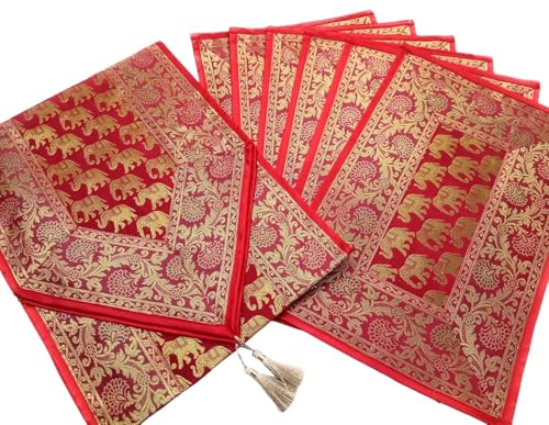 Image of Diwali Room Decor Silk Table Runner Placemats Tea Coaster Set for Living Room 4 to 6 Seater Dinning Table Table Mat Set Centre Table Top Decor Pack of 13 Pcs (Red)