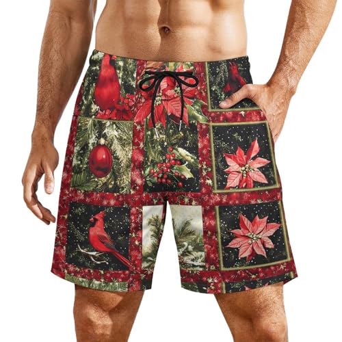 Cardinal Birds Christmas Tree Ball Men's Swim Trunks with Compression Liner Beach Shorts with Pockets Quick Dry