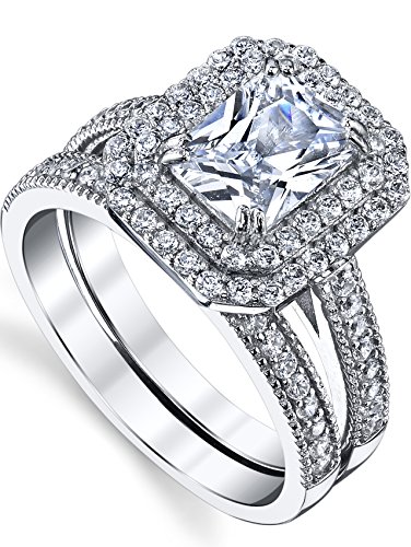 2 Carat Emerald-cut Sterling Silver 925 Double Halo Cubic Zirconia Wedding Engagement Ring Bridal Set2
