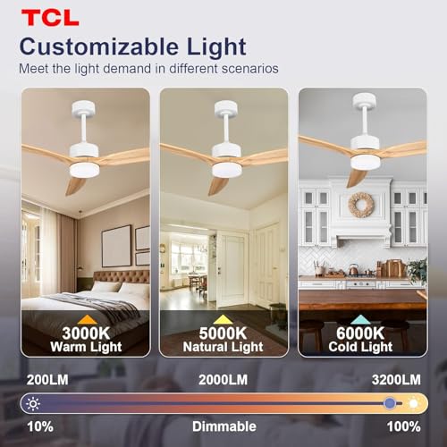 Image of TCL 52 inch Natural Wood Downrod Ceiling Fan with Light & Remote