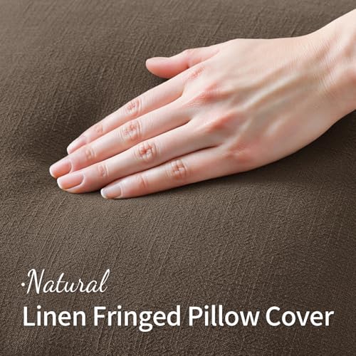 Image of MIULEE Decorative Throw Pillow Covers Neutral Linen Fringe Throw Pillows Euro Shams Set of 2 Chocolate Brown Boho Farmhouse Cushion Covers for Couch Sofa Bed Living Room Fall Home Decor 22x22 Inch