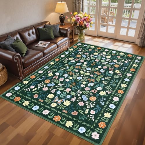 Alfombra Floral Vintage GarveeHome 5x7 Verde miniatura 3