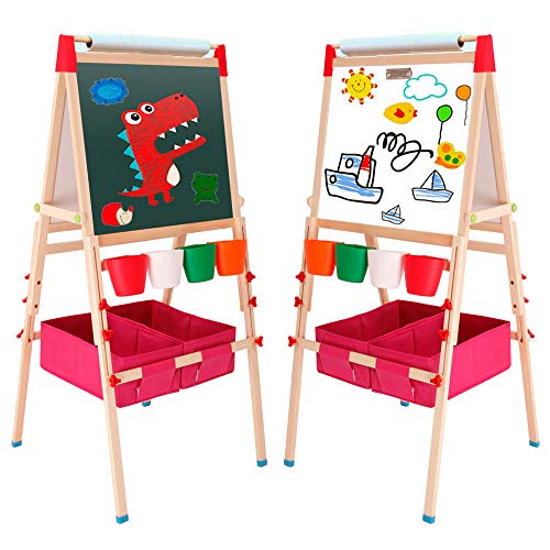 Arkmiido Kids Easel with Paper Roll Double-Sided Whiteboard & Chalkboard Standing Easel