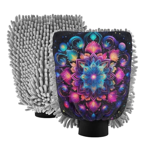 ALAZA Rainbow Mandala Galaxy Car Wash Mitt Scratch Free, 2 Pack Absorbent Microfiber/Chenille Washing & Drying Mitts, M