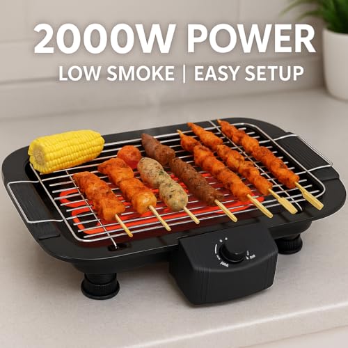 Image of 2000W Electric BBQ Grill - Smokeless Indoor & Outdoor Tandoori Maker | Chrome Steel Electric Barbecue Stove for Grilling, Roasting, Tandoori, Veg & Non-Veg Sizzlers (Black)