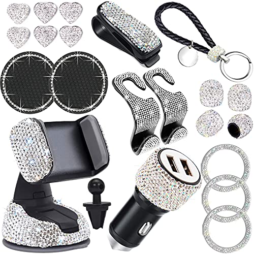 Dyshuai 21 Pack Bling Car Accessories Set for Women Girls,Bling Car Phone Holder Mount,Bling Car Hook Backseat,Bling Dual USB Charger, Tire Valve Caps, Bling Glasses Cup Holders Keychain (White)