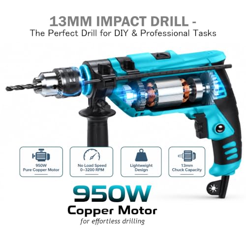 Image of (SC-DL-13-362) 950W Electric Drill with 360 Adjustable Auxiliary Handle, 13mm Keyed Chuck, Variable Speed, Forward /Reverse Switch, Ergonomic Soft Grip for Wood, Metal & DIY Projects