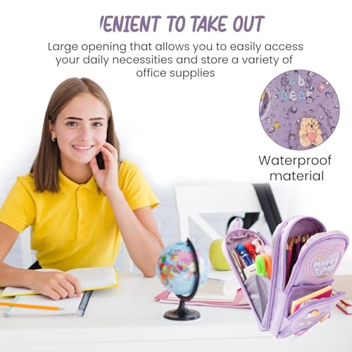 Image of Canvas School Bag Pencil Case, 3 Layer 6 Compartment Large Capacity, Aesthetic Pencil Pouch for Stationary, Cute Stationery for Kids, Pencil Case for Girls & Boys (Happy TIME Purple)