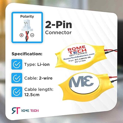 Miniatura 2 de Rome Tech RTC - Batería CMOS para Dell Inspiron 15 5585, Vostro 5581 - Batería de respaldo para laptop BIOS CR2032 con 2 pines / cable de 2 cables