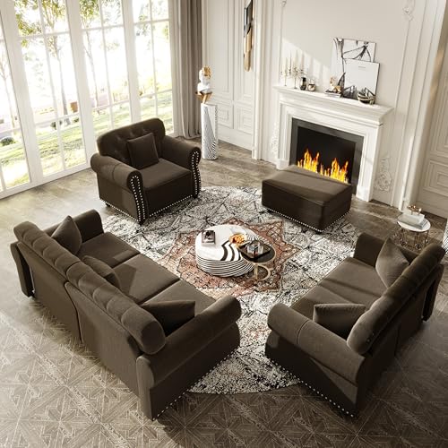 Image of KEIKI 3-Piece Chesterfield Sofa Set with 1 Velvet 3-Seater Sofa & 1 Loveseat & 1 Single Sofa, 6-Seater Couch Set with Nailhead Trim & Rolled Arms & 1 Ottoman & 6 Pillow, for Living Room, Brown