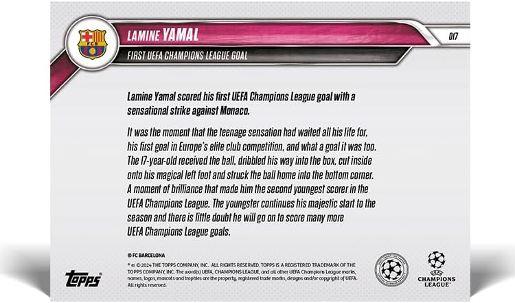 2024 Topps Now Lamine Yamal #17 First Champions League Goal Soccer Card
