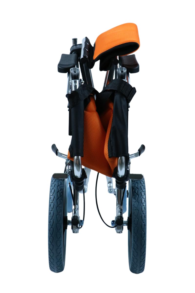 Ausilium Silla de ruedas plegable ultraligera de aluminio para transporte con cinturón de seguridad incluido y respaldo reclinable - Color naranja