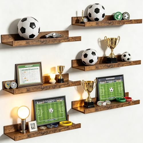 upsimples 6 Pack Wooden Floating Shelves, Wall Storage Decor Shelf for Bathroom, Bedroom, Living...
