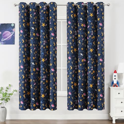 Image of Navy Blue Star Moon Theme Blackout Curtains 72 Inches Long for Boys Bedroom