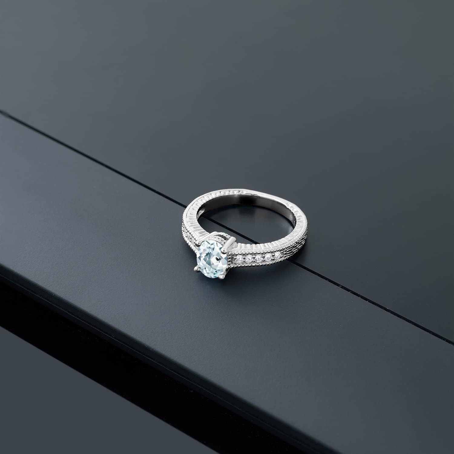 Gem Stone King 925 Sterling Silver Sky Blue Aquamarine and White Topaz Women Engagement Ring (0.95 Ct Oval)