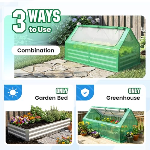 Image of Quictent 6x3x1ft Galvanized Raised Garden Bed with Cover Metal Planter Bottomless Box w / 2 Large Screen Windows Mini Greenhouse 20pcs T-Tags 1 Pair Gloves Outdoor Growing Vegetables (Green)