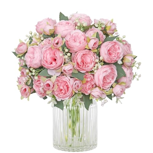 Artificial Peony Flowers 2 Bundles Silk Faux Bouquet for Home & Wedding Decor Realistic Light Pink Table Centerpieces and Floral Arrangements