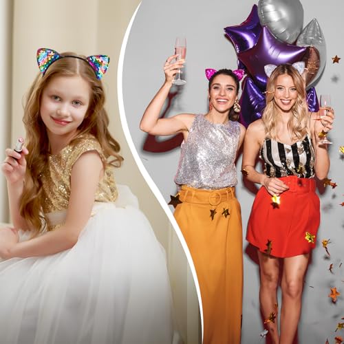 Beinou Reversible Sequin Cat Ears Headband Shiny Cat Ear Hair Hoops Cute Bling Kitty Hairband Hair Accessories for Women Girls Daily Wearing and Party Decoration, 22 pcs