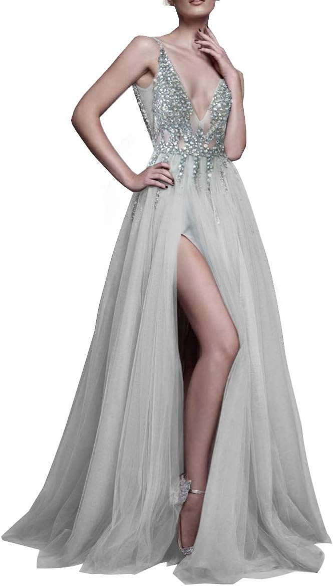 Gray Prom Dresses with Deep V Neck Sequins Tulle and Lace High Split Long Evening Dress Party Dresses Grey-US2