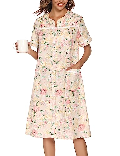 YOZLY House Dress Womens Embroidered Housecoat Short Sleeve Duster Robe with Front Pockets S-3XL3
