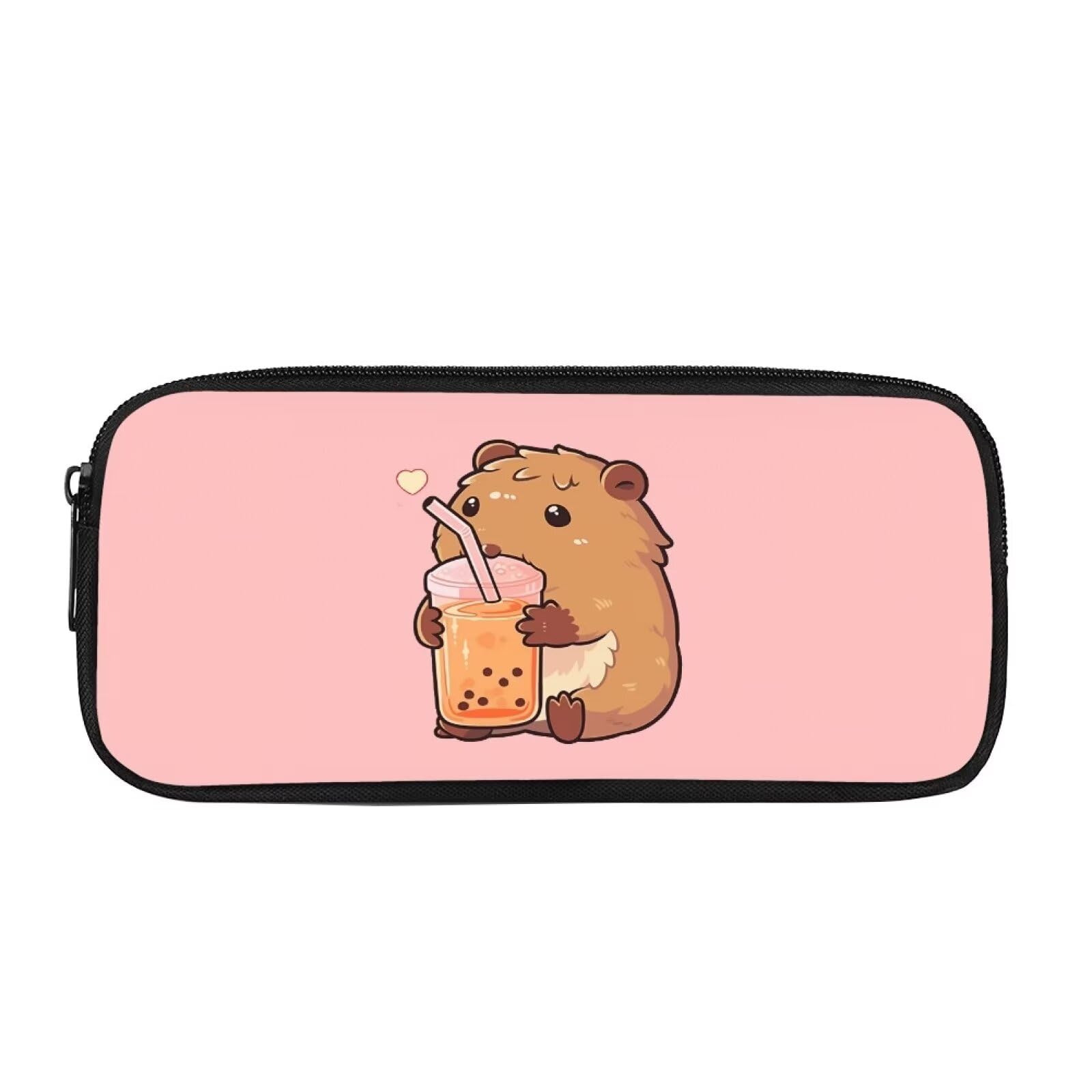 Showudesigns Capybara Pencil Cases for Girls School Supplies Stationery Pens Bag Childrens Coin Purse Hamster with Milk Tea Designs Pink