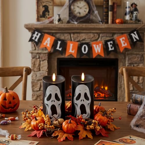 Image of Halloween Black Flameless Pillar Candles with Ghost Decals, 2PCS