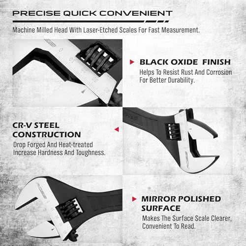 Image of SEDY 8-Inch Adjustable Wrench, Black Oxide Finish Wide Jaw Spanner with Inch /Metric Scale, Premium Drop Forged Steel for Automotive Plumbing and Household Repairs