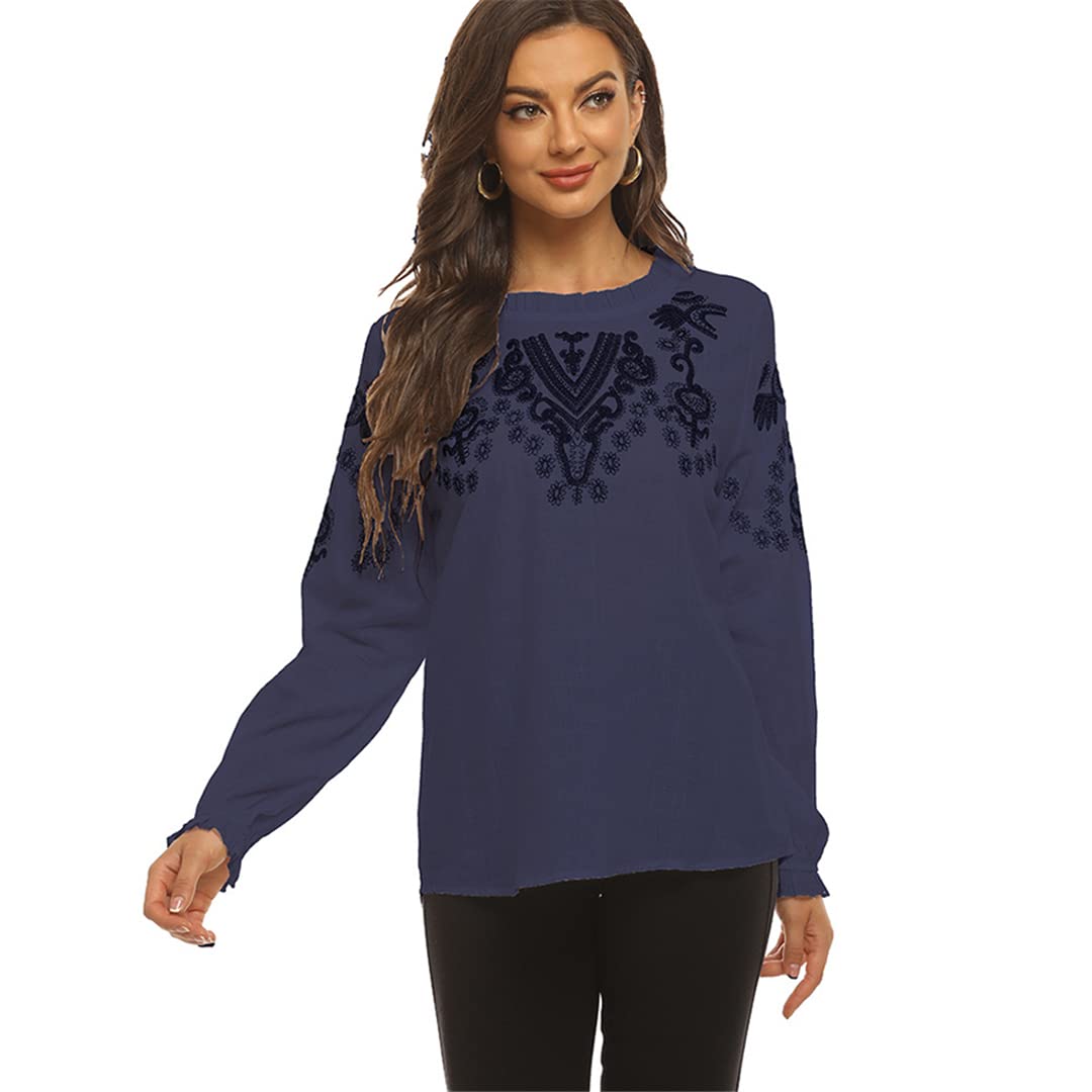 Boho haftowane bluzki koszula okrągły dekolt biała bawełniana koszula vintage długi rękaw damski etniczny top