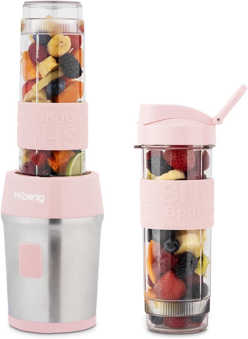 H.Koenig Mini Smoothie Maker Compact 570mL SMOO12 BPA-Free Powerful 300W, Smoothie Blender 2 Portable Bottles, 4 Stainless Steel Blades, Pastel Pink