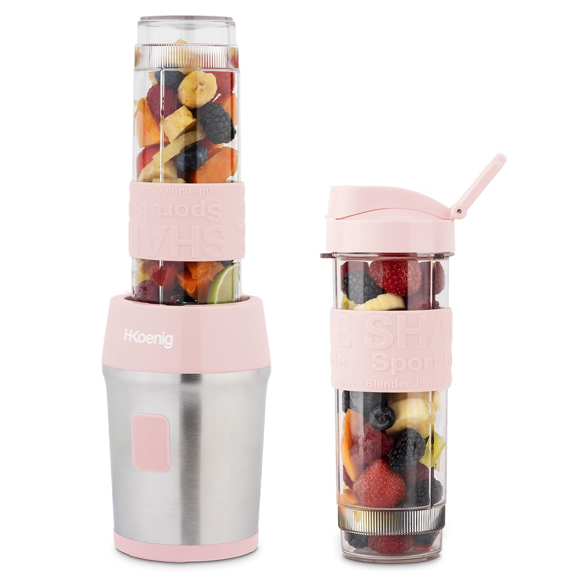 H.Koenig Mini batidora Smoothie maker Compacto 570mL SMOO12 Sin BPA Potente 300W, Batidora de Smoothie 2 Botellas Portátiles, 4 Cuchillas de Acero Inoxidable, rosa pastel