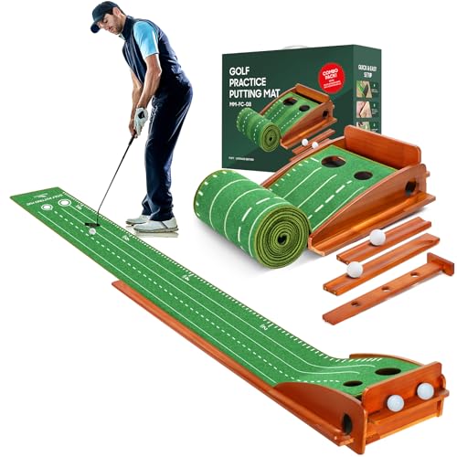Indoor Putting Green With Ball Return - 2 Hole Training Mat, Solid Wood Base, 2 Balls - Practice Aid for Home, Office, Backyard