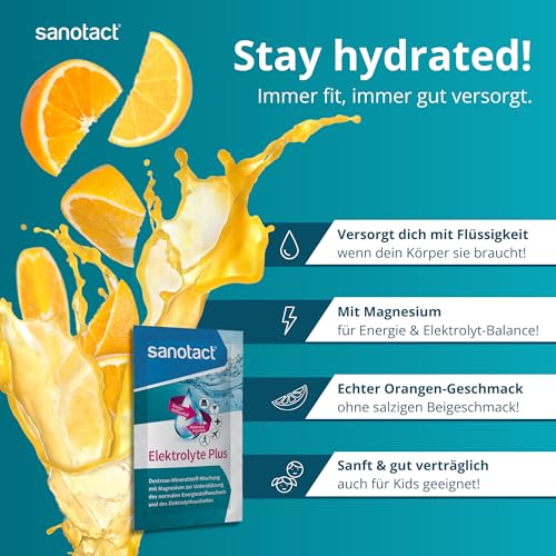 sanotact Elektrolyte Plus (20 Beutel) • Elektrolyt Pulver für Flüssigkeitshaushalt • Kalium & Magnesium für Elektrolytgleichgewicht • 100% Vegan • Recovery Drink • Mit Orangengeschmack
